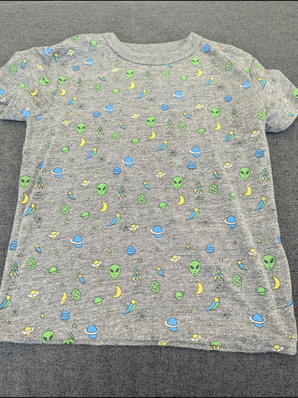 Chaser Kids Gray Tee with Neon Green Alien & Blue Planet Print